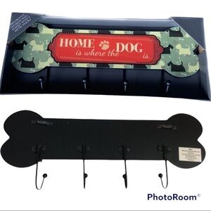 Scottie Dog Bone Shape Hook Rack Lacquer Plaque 4 Metal Hooks 7” x 16”